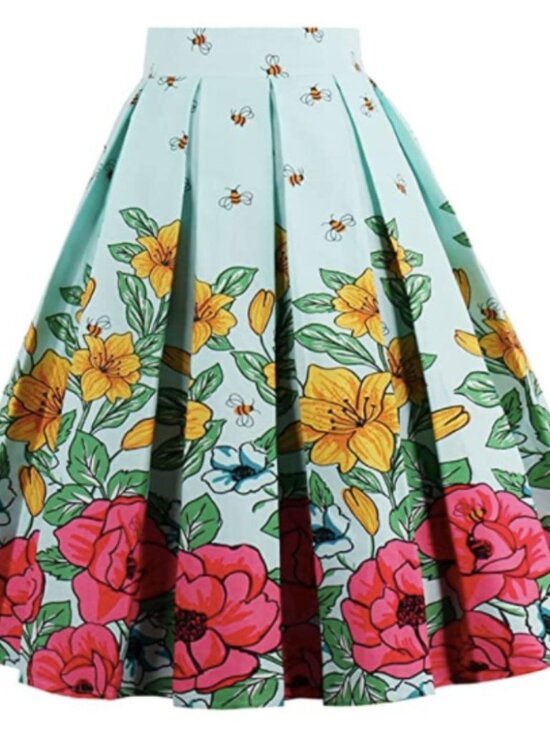Dresses & Skirts - Floral Bee Border Print Pleated Midi Skirt Plus Size 2X